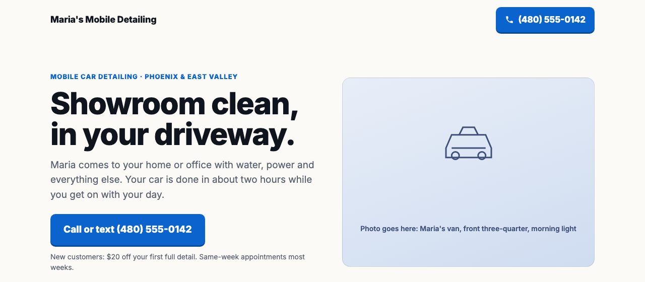 The sample website built in lesson 3: a one-page site for a mobile car detailing business with a tap-to-call button
