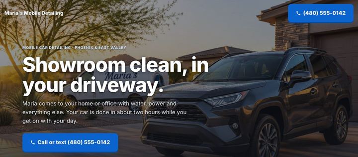 The sample website built in lesson 3: a one-page site for a mobile car detailing business